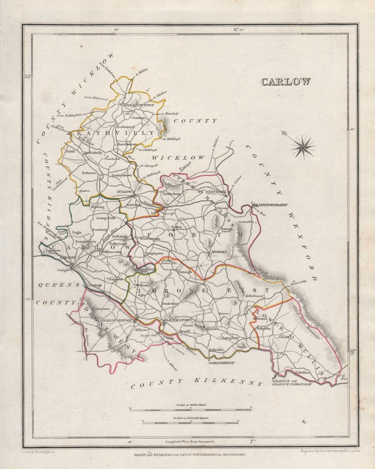 COUNTY CARLOW antique map for LEWIS by CREIGHTON & DOWER. Ireland 1846 old